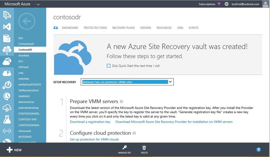Microsoft Azure 사이트복구진행단계 : 초기설정 주사이트 1. 가입 System Center Virtual Machine Manager 2.