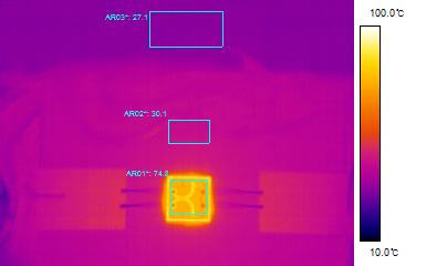 5] Infrared phonographs of COB package substrates 그림 5는 LED 칩및 COB 패키지기판을적외선카메라로촬영한사진을보여주고있다. 알루미늄기판에실장된 LED 칩의온도가전반적으로낮음을확인할수있다. LED 칩이 1.