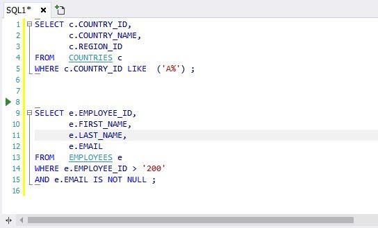 SQLGate for Tibero Developer User Guide --- 33 여러개의쿼리에서한개의쿼리만실행하기 SQL 편집기의여러개의쿼리에서한개의쿼리만실행하기를설명합니다. 1. Tibero 데이터베이스에접속합니다. 2. 주메뉴파일 > 새로만들기 >SQL 편집기를실행합니다. 또는새로만들기도구모음에서 SQL 편집기를클릭하거나 Ctrl+N를누릅니다.. 3. SQL 편집기에서여러개의 SQL을작성합니다.