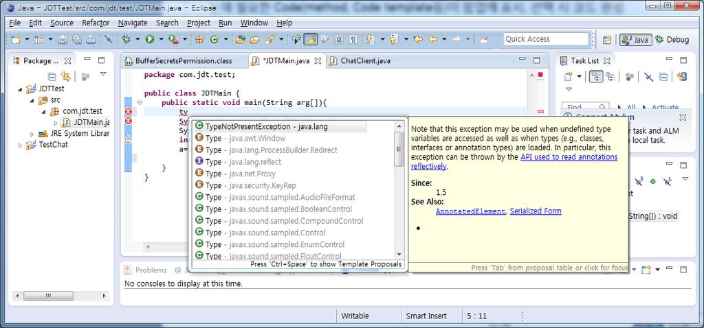 3.4 JDT Editor 의기능 (4/12) Code Assist : 코드완성 Editor 에서 Java Code 를입력중, Ctrl+Space