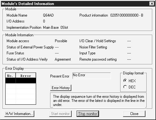 8. 트러블슈팅 8.2.4 GX Developer 의모니터에의한 A/D 변환모듈상태확인 GX Developer 의모니터에서 A/D 변환모듈의상세정보를선택하면, 에러코드, LED 의점등상태, 인텔리전트기능모듈스위치설정의설정상태를확인할수있습니다.