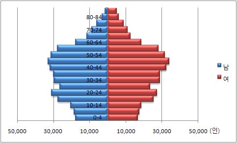 < 표 2-11> 성 연령별인구추계 구분 2020년 2025년 계 전체인구 ( 인 ) 구성비 (%) 남여전체인구 ( 인 ) 구성비 (%) 남여 800,000 100.00 401,229 398,771 850,000 100.00 426,512 423,488 0-4 32,652 4.08 16,813 15,839 33,524 3.