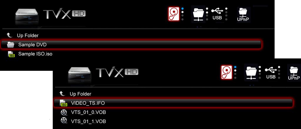 6.1.2 DVD 파일재생 TVIX-HD 의하드디스크에저장된 DVD 파일 ( 리핑 DVD 파일 ) 을재생하려면 VIDEO_TS.IFO 파일에커서를위치한후 OK 버튼을누르면 DVD 네비게이터가동작하며 DVD 플레이어와동일하게동작시킬수있습니다. 화질도 DVD 와동일합니다. VIDEO_TS.IFO 가아닌.VOB 와같은파일을선택해재생하면일반.