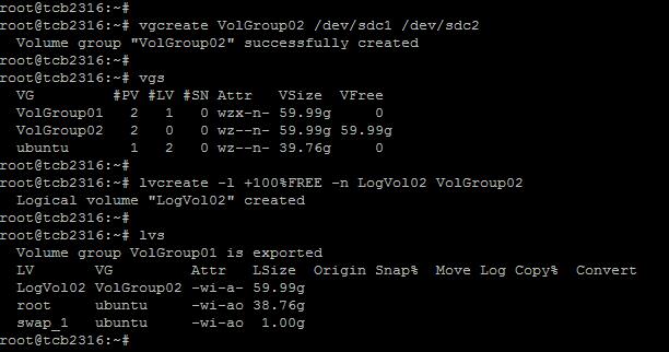 VG 생성및 LV 생성 명령어 : vgcreate VolGroup02 /dev/sdc1 /dev/sdc2 의미 : 복제하여연결한 /dev/sdc1, /dev/sdc2 의 Volume Group 생성명령어 : vgs