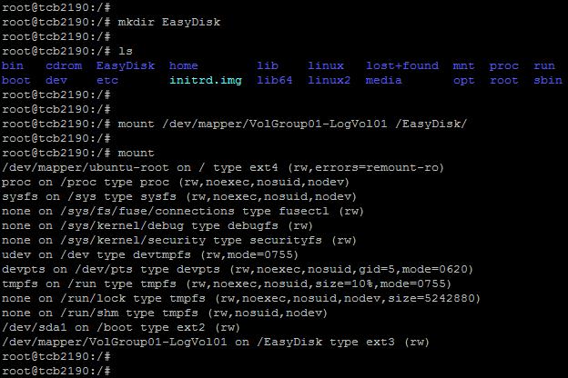 4) 마운트 o 시스템을마운트할타겟디렉토리를생성 명령어 : mkdir EasyDisk 의미 : EasyDisk 라는디렉토리를생성명령어 : ls 의미 : EasyDisk 디렉토리가생성되었는지확인 o 파일시스템마운트 명령어 :