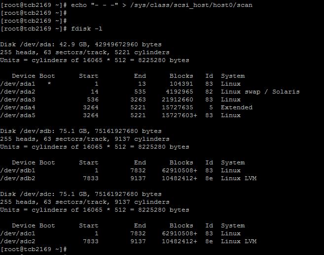 연결디스크검색 명령어 : echo - - - > /sys/class/scsi_host/host0/scan 의미 : scsi 콘트롤러를 scan 하여, 가상머신종료없이추가한가상디스크를인식함.