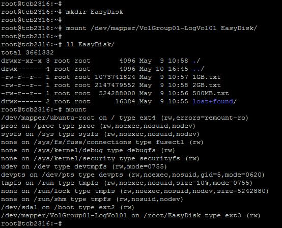 복제후 LVM 의데이터손실여부확인 명령어 : mkdir EasyDisk 의미 : 마운트할디렉토리생성명령어 : mount /dev/mapper/volgroup01-logvol01