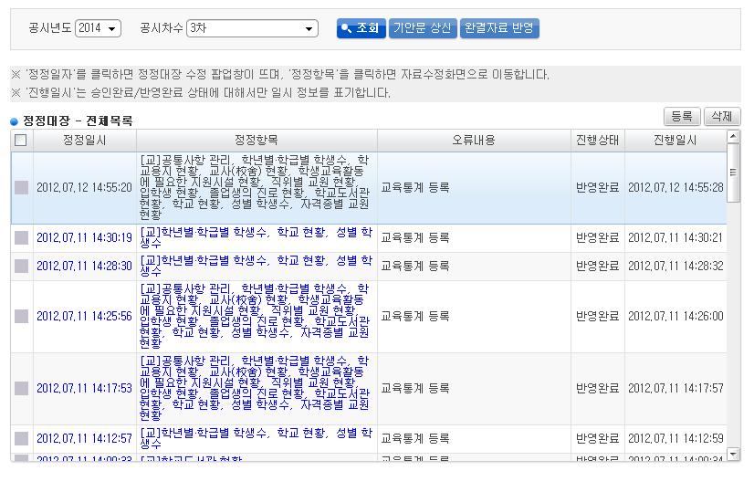 5) 정정대장관리 메뉴경로 : [ 학교정보공시 - 공시자료관리 - 공시자료정정 - 정정대장관리 ] 개요 : 정정대장등록및조회 업무주체 :