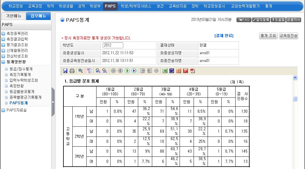 학생건강체력평가등급별현황 1 2 2) 정보공시 정보공시경로 : [ 학교정보공시 ]-[ 공시자료관리 ]-[ 공시자료관리