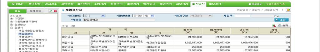 ]-[ 세입세출예산조서 ] 선행작업 : [ 에듀파인 ]-[ 예산결산 ]-[ 마감관리 ]-[