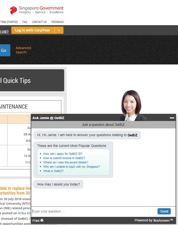 따라서특정한질의를위해다른기관의웹사이트를방문할필요없이어떤사이트에서든질문과답변이가능 32) - 웹사이트뿐만아니라현재는페이스북메신저, 스카이프, 텔레그램등대중적인메신저플랫폼을통해서도서비스중 < 싱가포로 GeBIZ 웹사이트내 Ask Jamie 실행화면 > 출처 : 싱가포르 GeBIZ 웹사이트 (