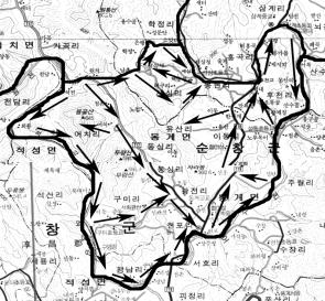 이경규 남기백 4. 용골산 (647m) 용골산의조사지역은동쪽경계는오수천으로, 서쪽경계는섬진강으로나뉘어진다. 조사지역중산림의상태가가장양호하였으며, 특히어치리계곡의수목은다른지역에비해월등히울창하였다. 이지역역시, 계곡과하천주위로경작지가분포하며, 농업용수로사용되는작은재가산재하는농경지역이다 ( 그림 8)