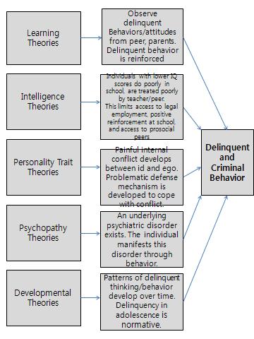 관한심리학이론을연구하고그결과를제시했다. Moore(2011) 는심리학이론중에서학습이론, 지능이론, 개인특성이론, 정신병리적이론, 인지및사회발달이론을범죄와비행을설명하는 심리학이론으로소개하고있다. 이를간략하게설명하면다음의그림과같다. 제 2 장 이론적배경및선행연구분석 그림 II-3 비행관련심리학이론출처. Moore(2011). p. 236.