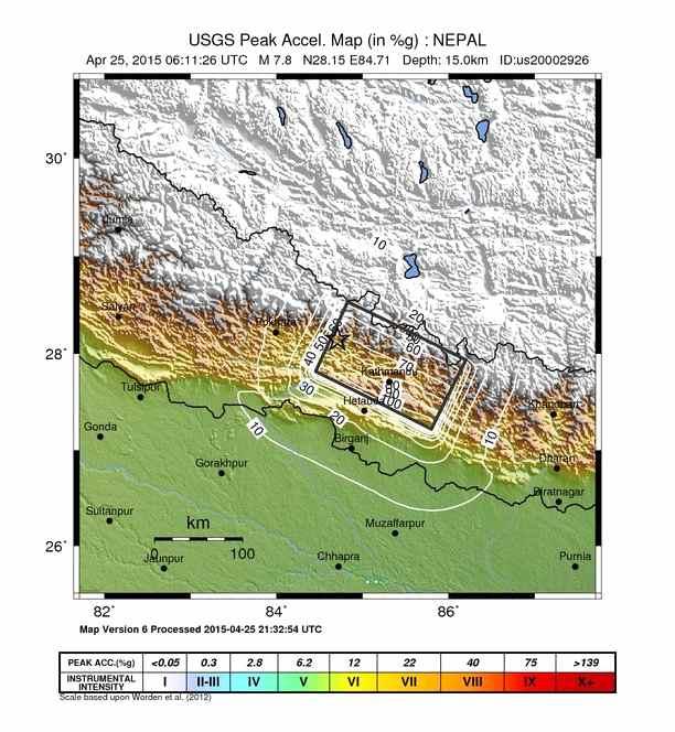 네팔지진에의한피해지역최대지반가속도분포 (USGS, http://earthquake.usgs.