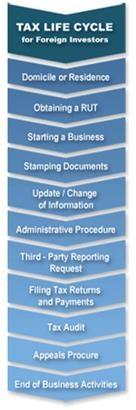 1. 주소지확보 2. 납세자번호 (RUT) 취득 ( 칠레국세청 ) 3. 사업개시 4. 세금계산서등과세관련서류스탬핑 ( 칠레국세청 ) 5. 회사정보 ( 회사명, 주소, 지사설립및폐쇄, 신규업종, 자본금증액또는감액등 ) 수정 ( 칠레국세청 ) 6. 초과납세액환급등납세관련행정처리 7. 제3차보고요청 ( 소득, 이자, 원천징수, 급여, 배당등 ) 8.