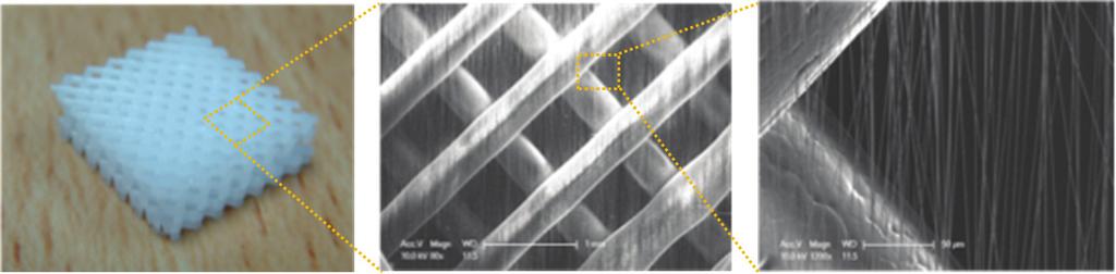 두개의전기방사전극을수직으로배열할경우나노섬유가전극사이에서시간차를두고포집되며상호전하척력에의해자연배열이된다. 31 이러한원리를이용하여 Park 등은 Fig. 13과같이정렬된나노섬유를얻고이를 3D 프린팅적층면사이에전사하여 3차원지지체를 (b) 3D scaffold integrated with aligned nanofibers Fig.