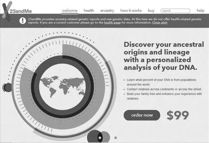 FDA는대다수의상업적테스트들이소비자를혼란에빠트릴수있다고결론내리고신뢰성의증명을통해정식승인을받을것을요구했다. Brin은당시부부였음 ). 23andMe는 100 달러이하의비용으로타액에서추출한유전체정보를이용하여개인의조상 ( 祖上 ) 에대한정보, 질병리스크, 혹은약물반응에대한정보를제공한다.