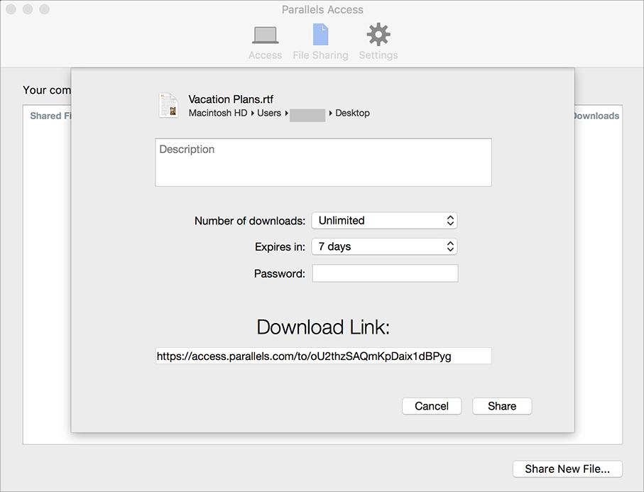 1 메뉴막대또는작업표시줄에서 Parallels Access 아이콘을클릭하고파일공유를선택합니다. 2 새파일공유를클릭하고공유할파일을선택합니다. 3 원하는대로설정을조정합니다. 다음과같이할수있습니다. 파일에대한설명을입력합니다. 링크를클릭하는모든사용자는파일을다운로드하기전에파일을볼수있습니다. 만료기간 (1시간 ~1년 ) 을설정합니다. 보안강화를위해비밀번호를설정합니다.
