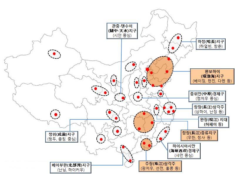 10 - 도시군을육성하여전국차원에서는분산하되지역차원에서는집중하는분산집중식 (decentralized concentration) 전략을추진ㆍ산업클러스터구축, 대줄중줄소도시간산업및기능의특화와협력, 소비규모확대, ' 도시증후군 ' 및 ' 도농이원화 ' 해소등을기대ㆍ현재 3개고도개발구역을포함한 11개도시군이핵심타깃지역으로부상하며중국도시화의중추역할을담당