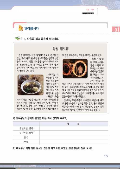 알아봅시다 1 ( 정월대보름 ) 1. 도입 1 교사는제목과그림을보게하고학습자들에게전시간에정리한내용을이야기해보도록한다. 2 자유롭게이야기하도록하고잘못얘기하는학생이있는경우에, 부정확한점을짚어주고이제배울것임을알린다. 학생들이충분히이야기하며생각할수있도록교사는기다려준다. 정월대보름의의미, 즉정월, 보름의의미를정확하게설명하여내용을유추하게할수도있다. 2. 어휘및표현 1 다음의학습어휘및표현을판서또는카드 로제시한다.