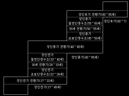 4) Levinson 이론 인생구조 : 일정한시기에있어서의개인의삶의양식과설계 를의미 인간의생애는발달시기또는계절과같은생애주기가있다고봄 전환기 : 혼돈과갈등, 변화가수반되는전환기안정기