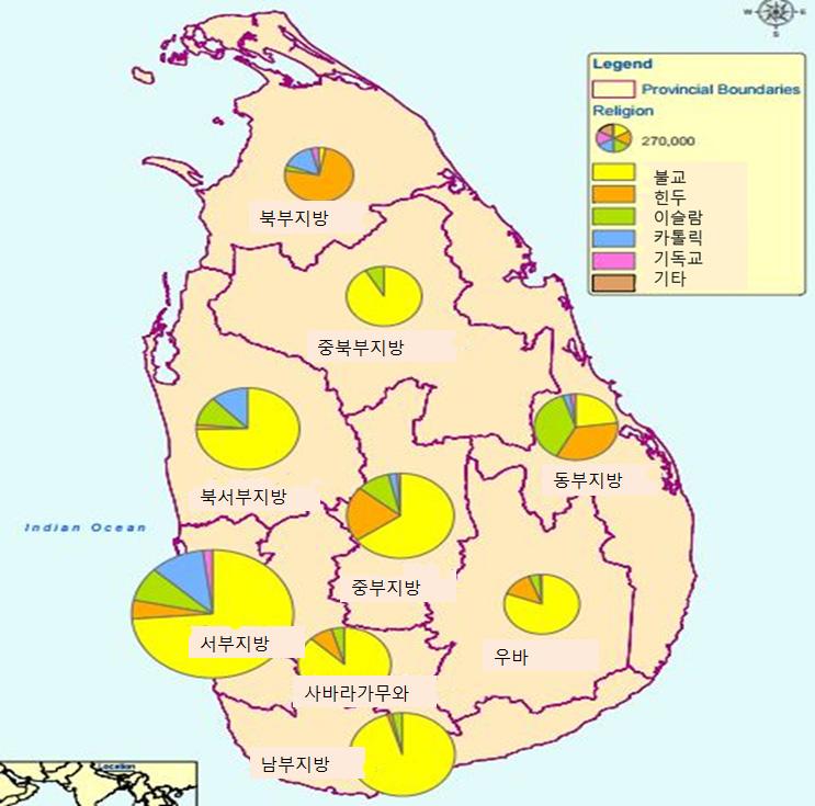 국가별농업자료 1.3. 인구구성스리랑카의인구수는 2015년기준 2,100만명으로인구의대부분이수도가위치한남서부에거주하고있다. 싱할라족 74.0%, 타밀족 18%( 스리랑카계 13%, 인도계 5%), 무어족 7%, 기타 1% 로구성되어있는다민족국가이며민족에따라종교도분화되어있다.