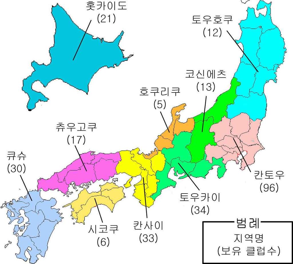 2) 일본의승마클럽분포현황 일본의승마클럽은각지역 ( 광역블록 ) 별로다양하게분포 동경과수도권지역인칸토우지역에 96곳으로가장많음 오사카부, 쿄토부, 고베시등대도시가있는칸사이지역과, 나고야시가있는토우카이지역에도승마클럽이각각 33곳, 34곳있음 그다음으로큐슈지역에 30곳,