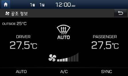 자동김서림제거 : Auto Defog System 자동김서림제거시스템은내 / 외부온도차이로인해앞유리에김서림이발생한경우, 유리방향으로에어컨을자동으로동작하여김서림을제거하며, 다음과같은화면으로표시됩니다.