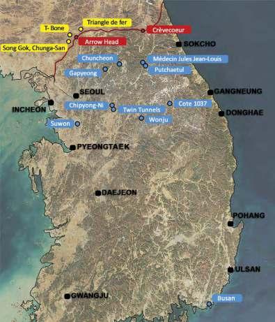 유엔군프랑스대대한국전쟁참전전투지도 - CARTE DES LIEUX DE MEMOIRE 프랑스대대 유엔군프랑스대대한국전쟁참전전투지도 Carte des lieux où le Bataillon français de l ONU est intervenu pendant la Guerre de Corée.