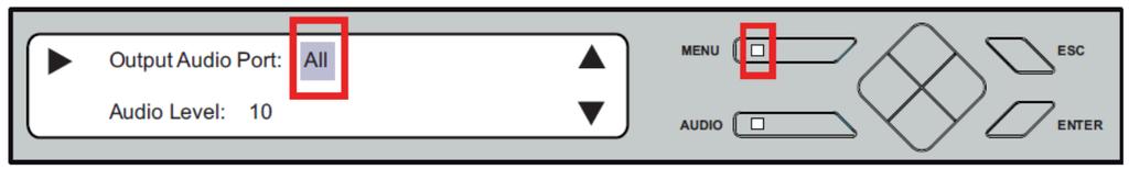 오디오조절 한번에모든소스에오디오레벨 ( 볼륨 ) 을조절하거나, 혹은각소스별로조절할수있습니다. 오디오를조절하려면다음을수행하십시오. 1. MENU 버튼을사용하여오디오조절페이지로이동하십시오. 2. 오디오레벨조절에서커서가깜박이면, 포트를선택하기위해 Enter 를눌러오디오레벨 조절페이지로이동하십시오. 3. Up/Down 탐색푸시버튼을사용하여조절할포트를선택하십시오.