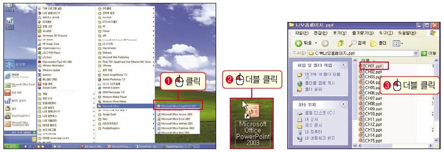 q 파워포인트기본사용법 >> 파워포인트실행과 종료 l 파워포인트실행 방법 1 : [ 시작 ]-[ 모든프로그램 ]-[Microsoft Office] 메뉴의 [Microsoft Office