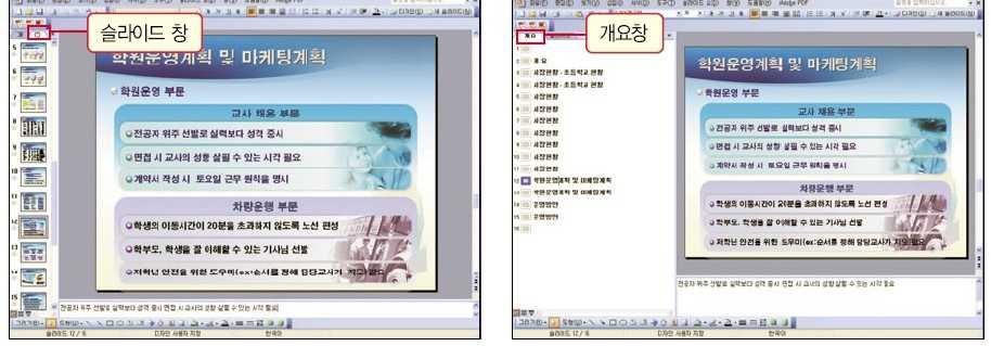 q 파워포인트기본사용법 >> 다양한화면보기 l 기본보기 왼쪽에개요및슬라이드창, 가운데슬라이드창, 아래쪽에는슬라이 드노트창을표시 개요및슬라이드창