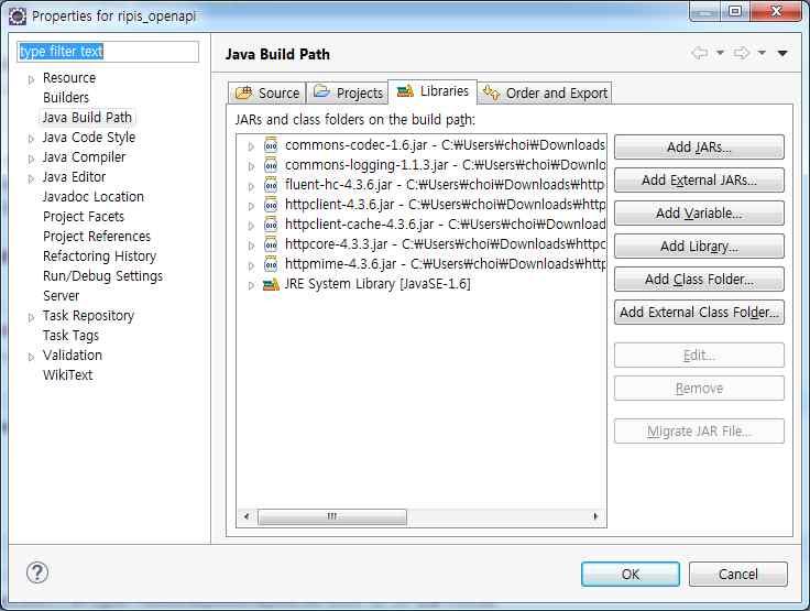 servicekey="+ ServiceKey +"&pageno=1&numofrows=10&searchfield=govdnm&query= 산림청 "); HttpResponse ares = null; - 단축키 Alt + Enter" 후, 다운로드받은라이브러리를 Add External JARs" 버튼을이용하여, 좌측화면과같이등록.