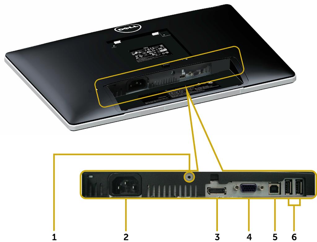 밑면 라벨 설명 사용 1 스탠드잠금장치 M3 x 6 mm 나사를사용하여모니터에 스탠드를고정하려면 ( 나사는제공되지않음 ) 2 AC 전원커넥터모니터전원케이블연결용. 3 DisplayPort 커넥터 DisplayPort 케이블을이용하여컴퓨터를 모니터에연결하는데사용됩니다.