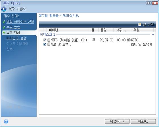 복구대상단계에서전체시스템디스크가선택되도록디스크이름옆에있는확인란을선택합니다. 아래예에서는디스크 1 확인란을선택해야합니다. 4. 마침단계에서진행을클릭합니다.