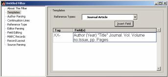 - (, Title, Journal Insert Field ) - - Reference Type - * Filter - EndNote