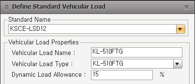5-3. 구조물모델링및해석 4) 피로설계트럭하중정의 도로교설계기준 ( 한계상태설계법 ) 에서는피로이동하중에대하여별도의피로설계트럭하중모델을적용합니다. Civil LSD+ 에서는 Vehicular Load Type 중 'KL-510FTG' 를선택하여피로이동하중을적용할수있습니다.