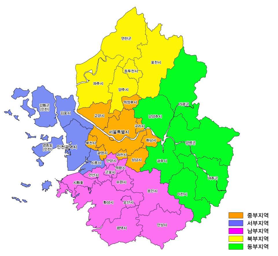 경기도는인접광역지자체인서울시및인천시와협의하에수도권광역도시계획에서제시하는개지역별개발및정비전략을보다구체화하는지역별계획관리지 침중추관리지역제외을마련하고이에따라각시군별도시기본계획수립도시화예정용지의개발을조정하도록한다 심의시 < 표 2> 수도권내 5개지역구분 구 분 시 군 거점도시 중부지역