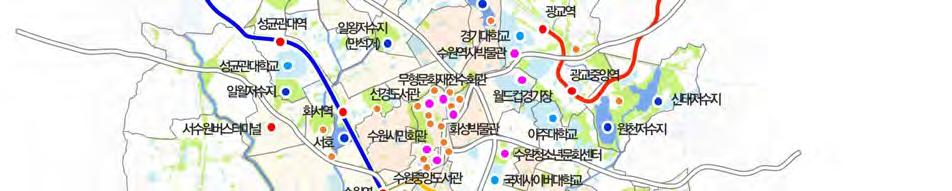 지하철의경우원도심주변으로는지하철 1호선이지나가고있으며, 수원역에서영통을지나분당, 서울로올라가는분당선이있으며,