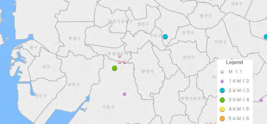 l 제 6 장기타부문별계획 방재및안전계획 2) 지진발생현황 광명시는 1978 년지진관측이래 2017 년 9 월현재까지한차례의지진도발생하지않았음 광명시반경 10km이내지역에서총 6차례지진발생이있었으며, 그중느껴지는지진은 2차례 (2004년서울영등포, 2010년시흥 ) 발생하였음 국내지진연도별발생추이 (2000~2017) 국내지진발생수는최근급격