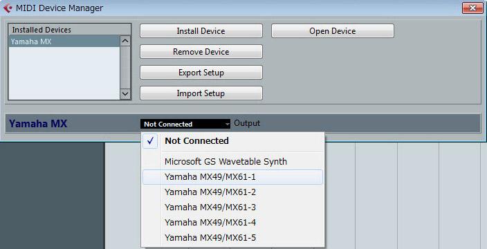 MX Voice List를설정하지않으면 MX49, MX61 또는 MX88에서각파트에보이스를수동으로설정해야합니다. 5-1 "Devices" 메뉴 "MIDI Device Manager" [Install Device] 를클릭합니다.