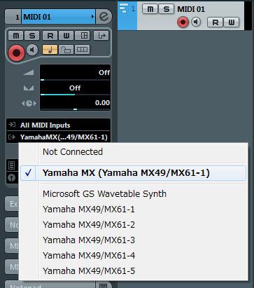 7 MIDI 트랙에서 MX49, MX61 또는 MX88 데이터가 Cubase에입력되고 MIDI 트랙데이터가 MX49, MX61 또는 MX88의포트 1에출력되도록입력 / 출력루팅을설정합니다. 입력루팅을 "All MIDI Inputs" 으로, 출력루팅을 "Yamaha MX49/MX61(Yamaha MX49/MX61 1)" 로설정합니다.