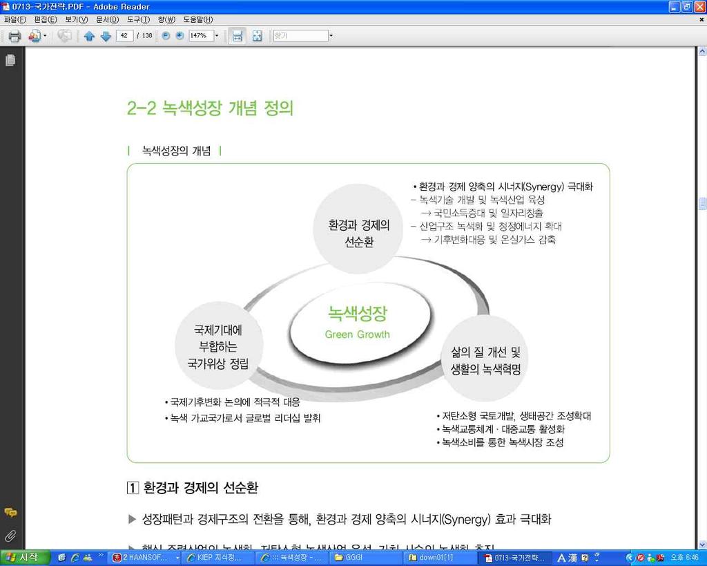 환경오염을최소화하고, 이를다시경제성장의동력으로활용하는선순환 구조에있음. 그림 2-1. 우리나라의녹색성장개념 로운경제발전전략을의미 - 개도국에있어서기존빈곤퇴치전략은기후변화와개발전략의통합을통해새로운성장패러다임으로전환해야하고, 이를위한정책대안및해결방안강구필요 2. 국제기구의녹색성장논의추이 가.