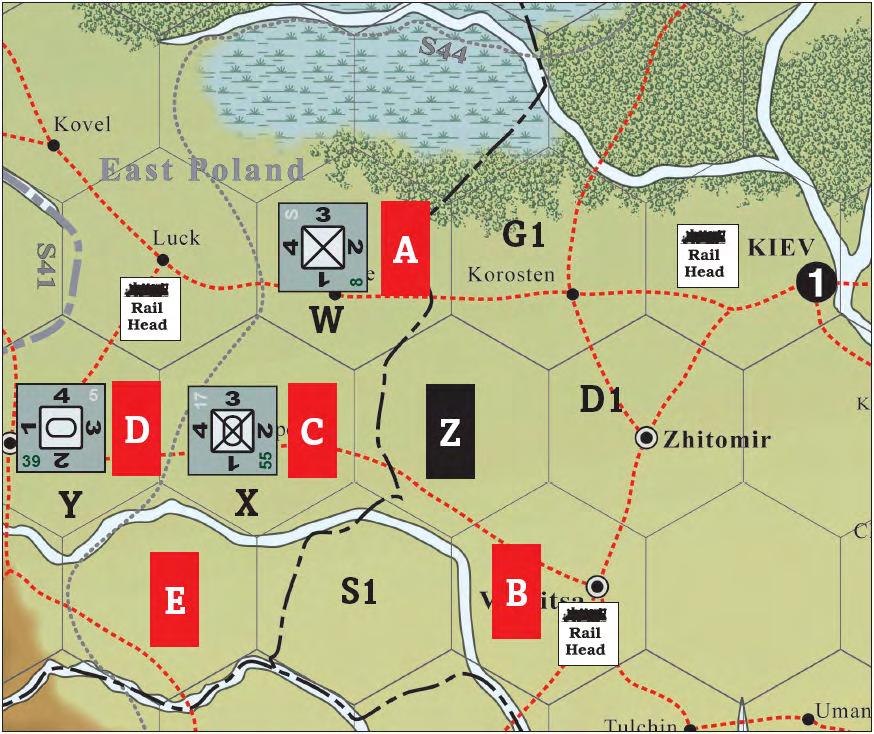 10. SUPPLY EASTFRONT 10.1 SUPPLY STATUS 게임내의유닛은보급상태와비보급상태로구분된다. 보급상태가되기위해서는, 보급을확인할때, 해당유닛은 Land Supply line을아군측철도/ 해상보급선과연결될수있어야한다. 연결할수없는경우비보급상태가된다. 10.2 SUPPLY CHECK 유닛의보급상태는상대방의 Supply Phase에확인하여다음상대방의 Supply Phase 까지그상태가지속된다.