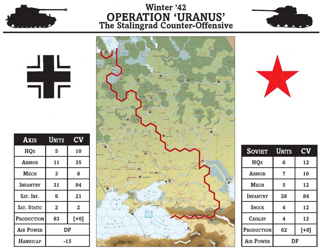 W'42 SPECIAL RULES 1 SOVIET SURPRISE 독일측이먼저유닛을배치한다. 소련측은역시눈이오는날씨에턴을먼저시작한다. 2 STALINGRAD Stalingrad 는소련전투지역( 소련측이 Original Defender 이다. 독일은 ( 한개의 armor 를포함하여 4개의유닛을각각최소 3CV이상이되도록하여상대방에게보이도록배치하여야한다.