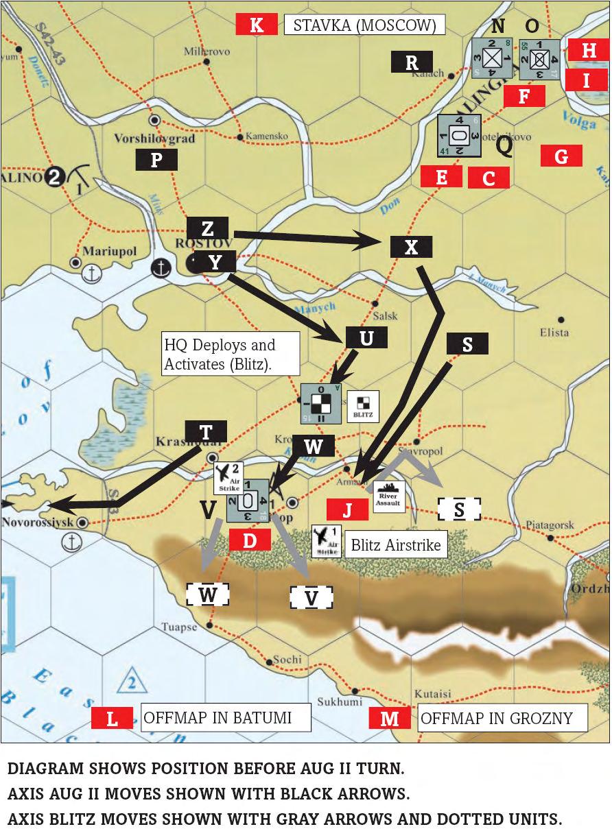 EASTFRONT AUGUST II AXIS TURN EDELWEISS SCENARIO COMMAND PHASE 독일은 Salsk에있는 2cv HQ( 유닛 U 를활성화시킨후 Kropotkin까지 1 hex 를이동한다 [5.2]. 2 hex 이내의모든유닛이명령범위내에있다. 독일은 Blitz 마커를 HQ위에올려놓는다.