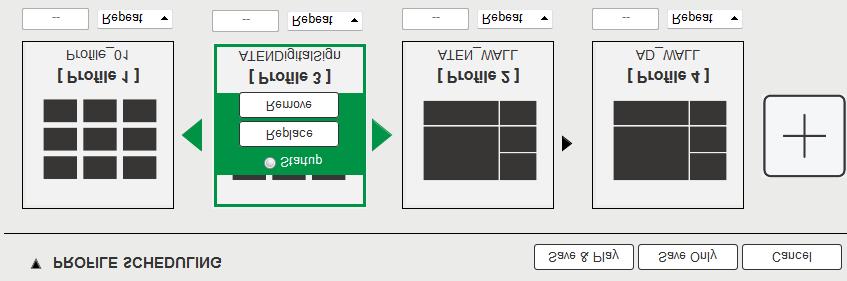 4 장. 브라우저동작 프로파일스케줄링 프로파일스케줄링은프로파일목록아래에있습니다. 스케줄링은사용자가특정시간동안 순차적으로연결프로파일을입력및재생할수있도록합니다. 옵션 설명 클릭하면왼쪽에서오른쪽으로재생할순서대로프로파일을추가한후, 각프로파일재생시간을설정합니다. 프로파일을클릭하면팝업메뉴가나타납니다.