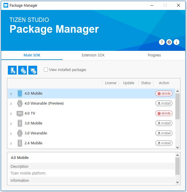Tizen Studio 설치 Package Manager 실행하여패키지설치하기 2/2 Main SDK > 4.