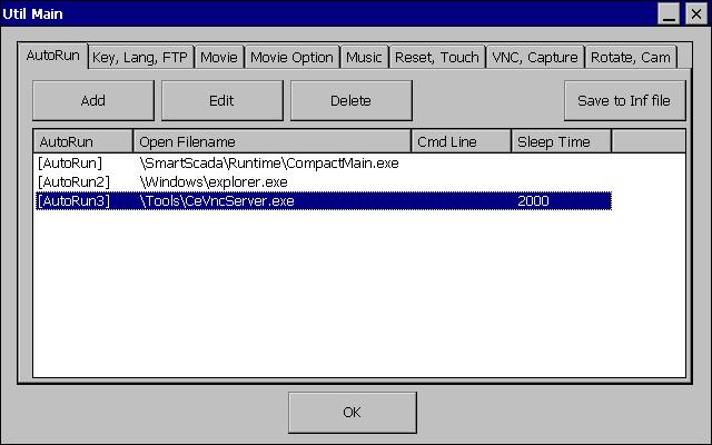 < 그림 5-59> UtilMain 프로그램 VNC, Capture 탭의예 < 그림 5-60> VNC 서버프로그램을 AutoRun