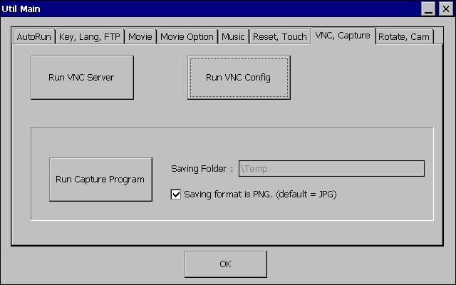 < 그림 5-70> UtilMain 프로그램 VNC, Capture 탭의예 < 그림 5-71> Screen Capture 프로그램이실행된모습 5.17. 화면회전 < 그림 5-72> 와같은 UtilMain 프로그램 Rotate, Cam 탭의버튼또는 \Tools\ScreenRotate.